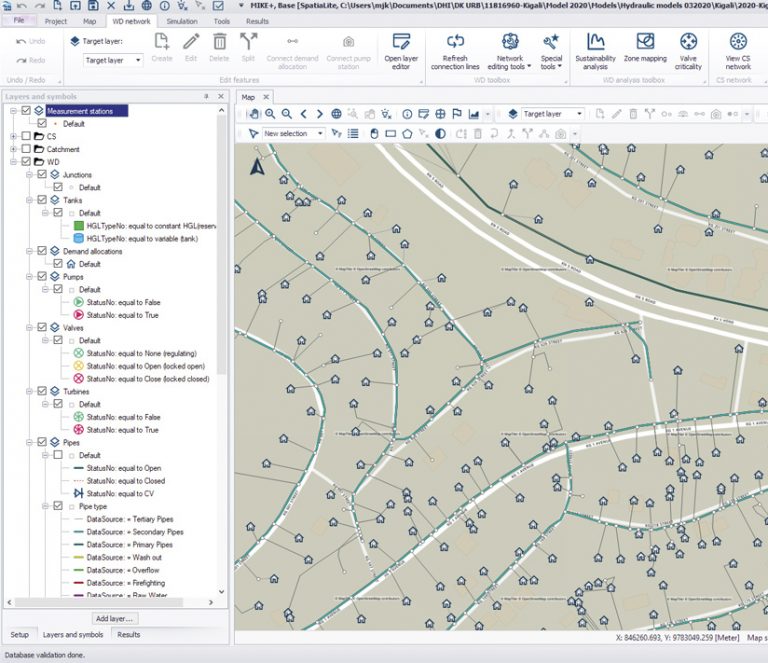 A map of the water distribution network in one neighborhood in Kigali, shown in the MIKE+ interface