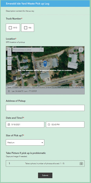 The Survey123 form that drivers fill out, which has a map showing the GPS location point of a pickup; boxes to note the address of the pickup, the date and time, and the size of the pickup; and a space to upload photos