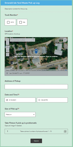 The Survey123 form that drivers fill out, which has a map showing the GPS location point of a pickup; boxes to note the address of the pickup, the date and time, and the size of the pickup; and a space to upload photos The Survey123 form that drivers fill out, which has a map showing the GPS location point of a pickup; boxes to note the address of the pickup, the date and time, and the size of the pickup; and a space to upload photos