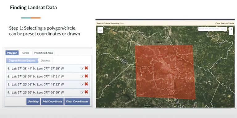 A screenshot that says “Finding Landsat Data” and “Step 1: Selecting a polygon/circle, can be preset coordinates or drawn” with coordinates listed on the left and a map with a red square on it on the right