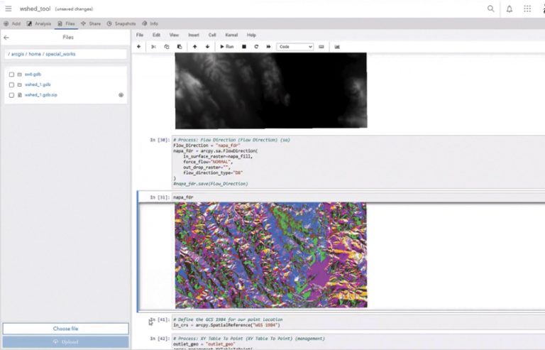 The ArcGIS Notebooks interface showing a black-and-white aerial image and a colorful aerial image of Napa, California, with code under each image