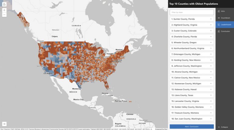 A map of the United States showing counties in different colors accompanied by a list of the 10 counties that have the oldest populations