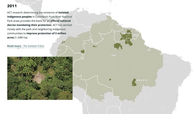 A narrative built with ArcGIS StoryMaps that has information about Colombia’s indigenous peoples on the left alongside a map showing isolated tribes on the right