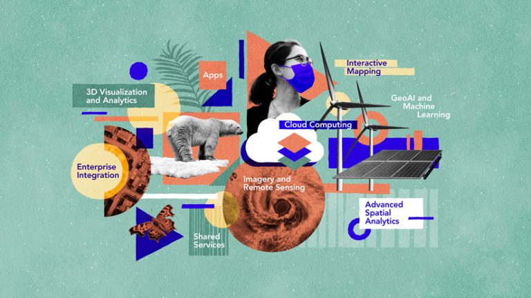 Graphic showing a polar bear, a monarch butterfly, a woman in a mask, windmills, solar panels, the eye of a hurricane, and an aerial view of a housing development along with text that says 3D Visualization and Analytics, Apps, Interactive Mapping, Cloud Computing, GeoAI and Machine Learning, Advanced Spatial Analytics, Imagery and Remote Sensing, Shared Services, and Enterprise Integration