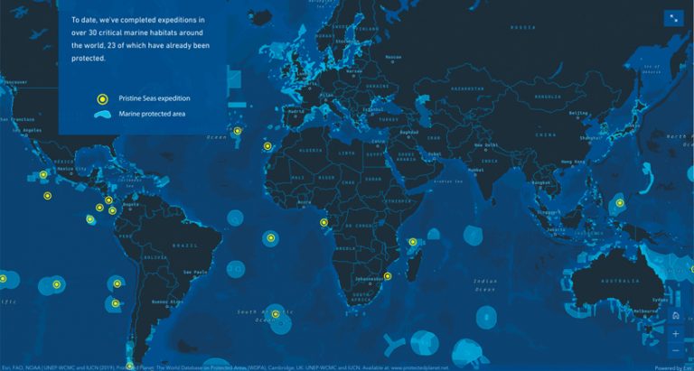 A map of the world that shows where Pristine Seas has explored the ocean and areas it has helped protect