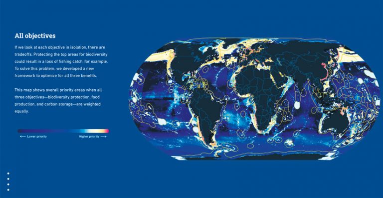 An ArcGIS StoryMaps narrative with text on the left and a map of the world on the right that highlights which areas of the ocean are high priority for protection