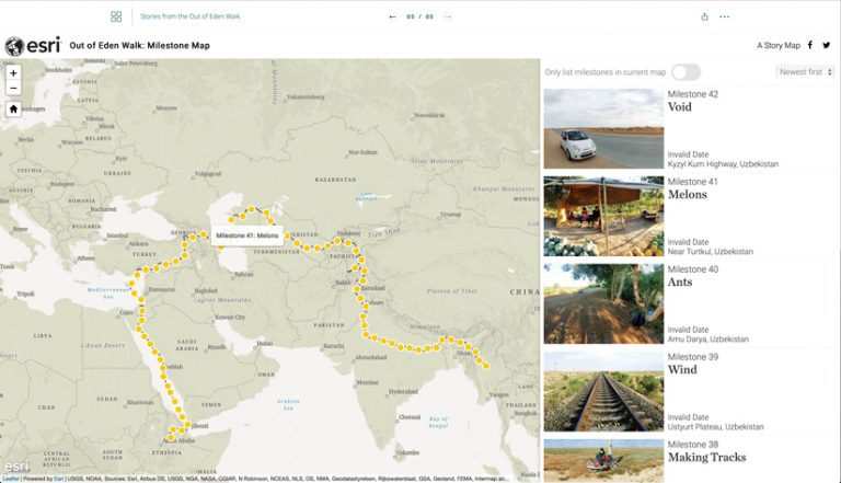 An ArcGIS StoryMaps narrative that traces Paul Salopek’s route on a map on the left and shows images from his travels on the right
