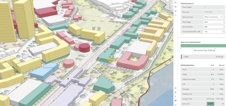 The ArcGIS Urban interface, with a 3D map of a cityscape on the left and edit options on the right The ArcGIS Urban interface, with a 3D map of a cityscape on the left and edit options on the right