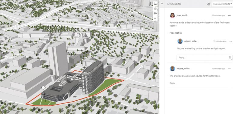 A 3D map of a potential development with a red line around part of it and a comment symbol, accompanied by a discussion board with several comments on it from different people