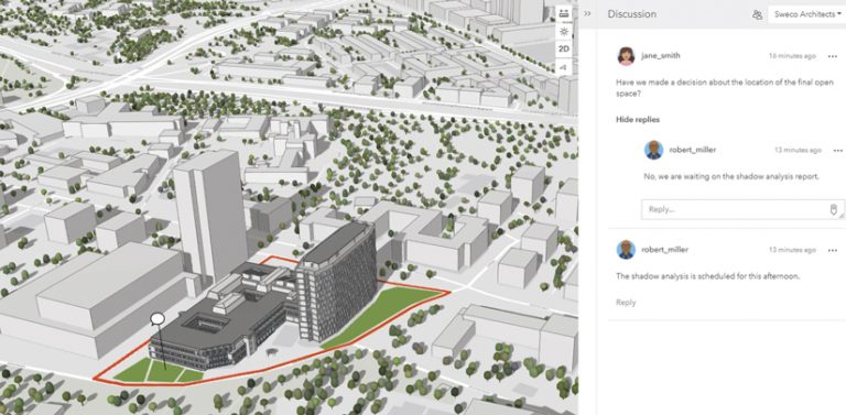 A 3D map of a potential development with a red line around part of it and a comment symbol, accompanied by a discussion board with several comments on it from different people A 3D map of a potential development with a red line around part of it and a comment symbol, accompanied by a discussion board with several comments on it from different people