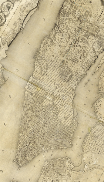 A tan-tinted topographic map that shows Manhattan during the 19th century