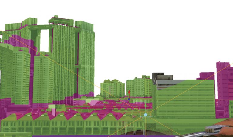 A 3D model of a group of buildings with various areas shaded in green or pink