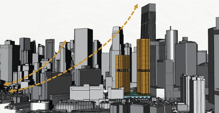 A 3D rendering of an urban landscape with most buildings shown in shades of gray but two high-rises shown in yellow and two swooping arrows going over the model