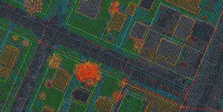 A lidar point cloud of a residential neighborhood, with green, blue, orange, red, and gray dots representing different elevations