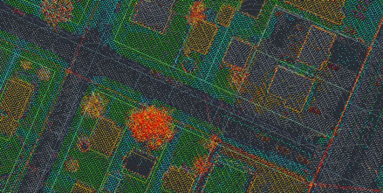 A lidar point cloud of a residential neighborhood, with green, blue, orange, red, and gray dots representing different elevations A lidar point cloud of a residential neighborhood, with green, blue, orange, red, and gray dots representing different elevations