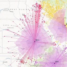 A GIS map tracking an EV fleet delivery routes A GIS map tracking an EV fleet delivery routes