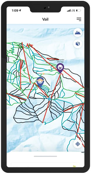 A smartphone showing map of a ski hill with straight red lines indicating ski lifts and squiggly black, blue, and green lines indicating runs of different skill levels, with two pinpoints on different parts of the mountain denoting people