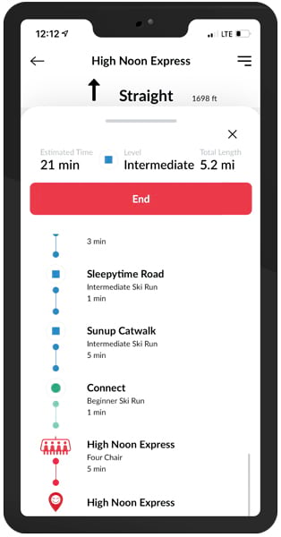 A smartphone showing various slope choices based on skill level, along with information on which chairlift the runs lead to