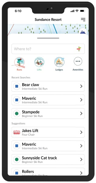 A smartphone that shows various options for ski runs, chairlifts, lodges, and other mountain resort amenities