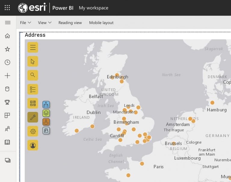 The ArcGIS for Power BI interface displaying a map of the United Kingdom alongside a menu with slightly rounded buttons The ArcGIS for Power BI interface displaying a map of the United Kingdom alongside a menu with slightly rounded buttons