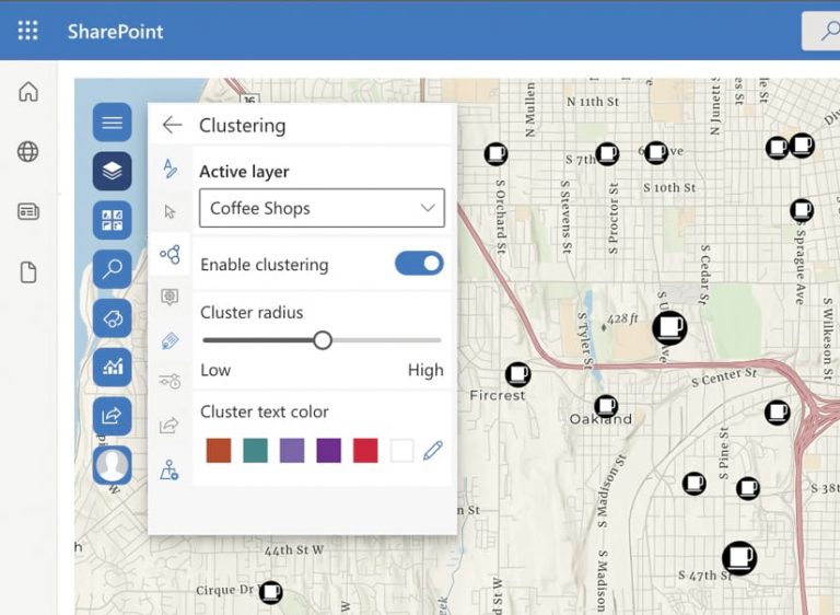 The ArcGIS for SharePoint interface displaying the Clustering tool over a street map