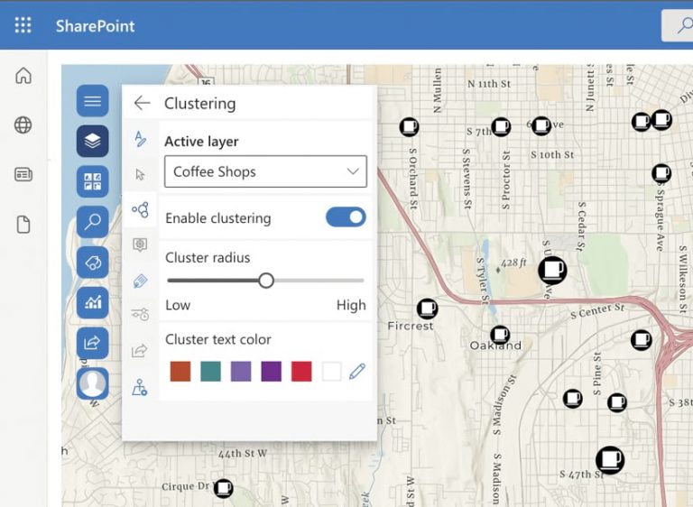The ArcGIS for SharePoint interface displaying the Clustering tool over a street map The ArcGIS for SharePoint interface displaying the Clustering tool over a street map