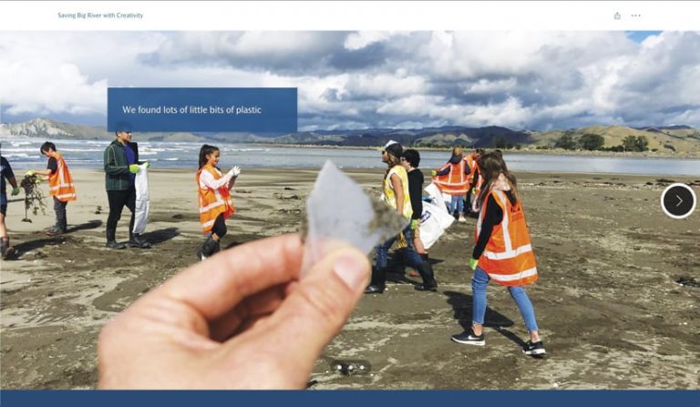 A section of Jobson’s ArcGIS StoryMaps narrative that shows a photo of someone holding a piece of plastic against a backdrop of kids picking up trash on the beach with text that reads, “We found lots of little bits of plastic”