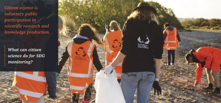 A section of the ArcGIS StoryMaps narrative that was presented at the United Nations, showing kids and one adult picking up trash on a beach with text that reads, “Citizen science is voluntary public participation in scientific research and knowledge production. What can citizen science do for SDG monitoring?”