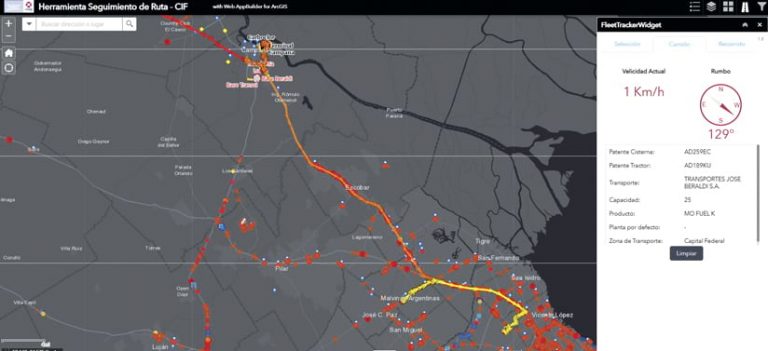 A map that displays truck locations and routes with information about one truck and route displayed in a widget on the side