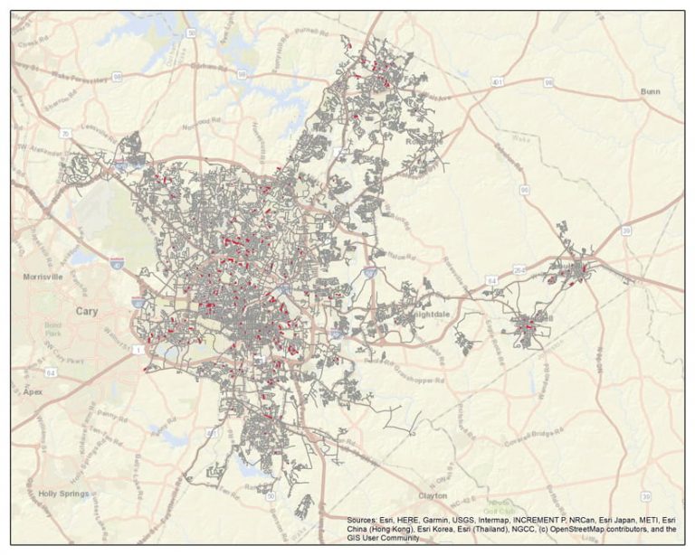 A map of all the pipe segments in Raleigh, North Carolina, with pipes represented in gray and a few clusters of pipes represented in red A map of all the pipe segments in Raleigh, North Carolina, with pipes represented in gray and a few clusters of pipes represented in red