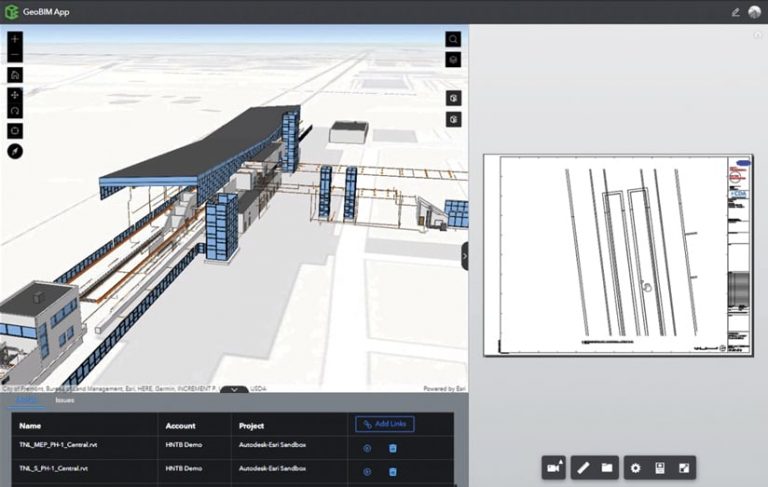 A 3D model of the airport terminal project shown on the ArcGIS GeoBIM interface.