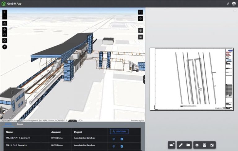 A 3D model of the airport terminal project shown on the ArcGIS GeoBIM interface. A 3D model of the airport terminal project shown on the ArcGIS GeoBIM interface.