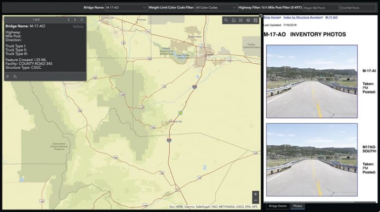 A map of some highways in Colorado with information about one bridge plus two photos of the road approaching that bridge