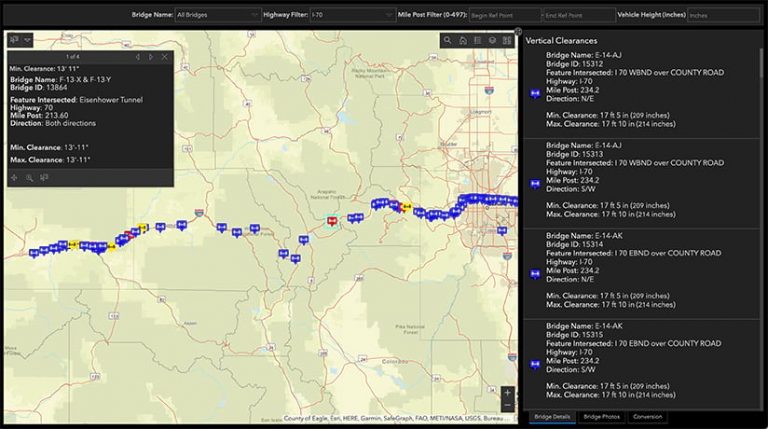 A map of Interstate 70 in Colorado that shows bridges along the highway alongside information about the vertical clearances of each one