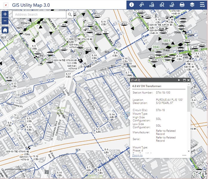 LADWP’s GIS Utility Map, showing a map of utility assets with a pop-up for one transformer