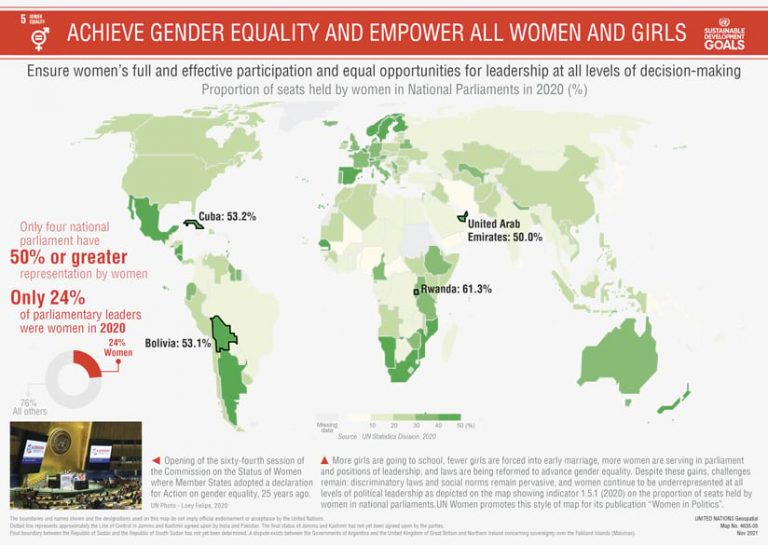 A map of the world with only a handful of countries highlighted in green, showing areas where women make up around 50 percent of the national government