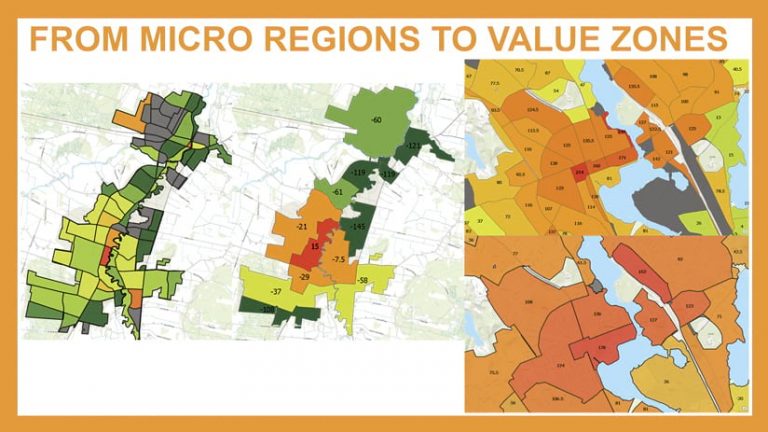 Four maps that show how microregions (a bunch of areas in different colors) evolve into smaller value zones (represented by areas of similar colors clustered together)