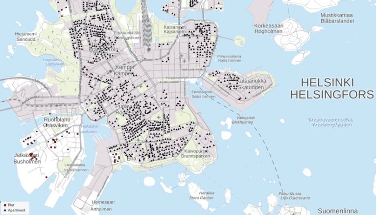 A map of Helsinki divided into different areas with triangles marking apartments