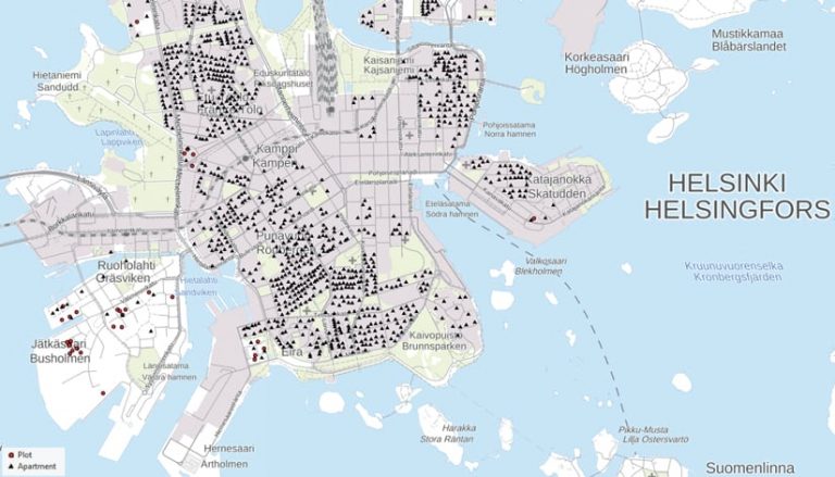 A map of Helsinki divided into different areas with triangles marking apartments A map of Helsinki divided into different areas with triangles marking apartments