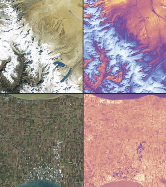 Four Landsat images—two of the Himalayas, with one showing regular imagery and one displaying thermal imagery—and two of fields in Ontario, Canada, with one showing regular imagery and the other displaying thermal imagery