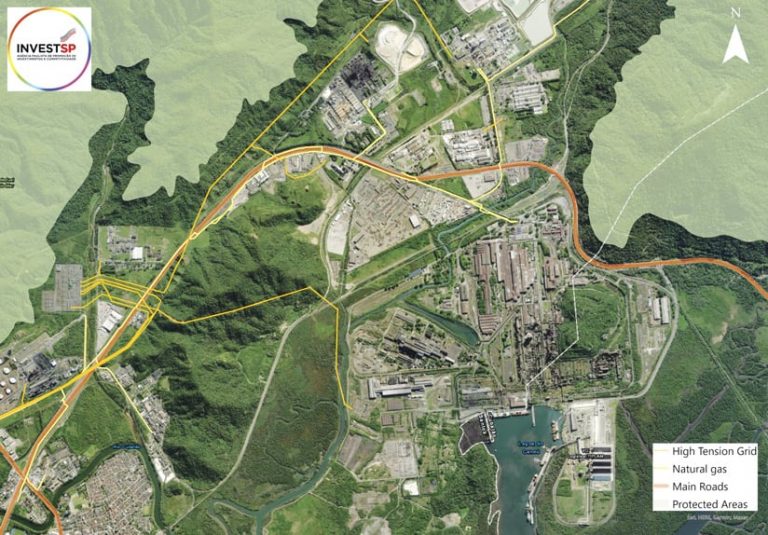 Aerial imagery of a coastal area, with polygons and lines overlaid on protected areas and roads