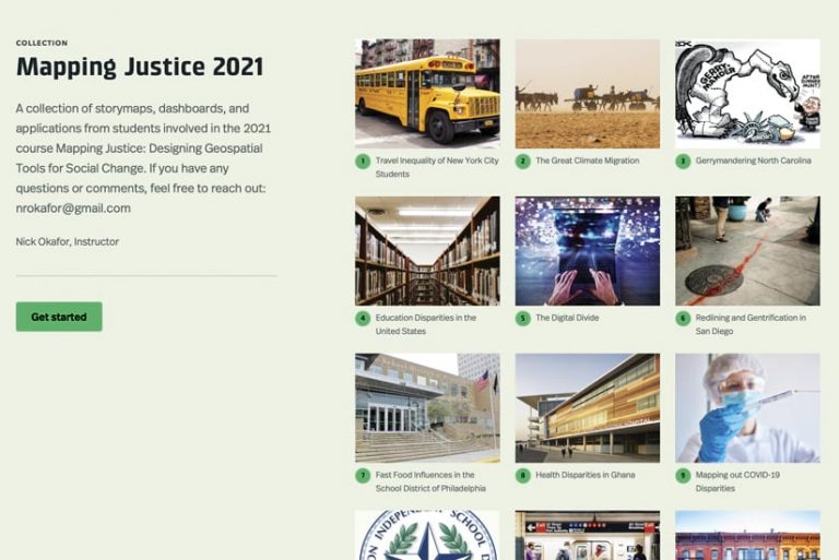Thumbnails showing various ArcGIS StoryMap narratives, dashboards, and other apps developed by students
