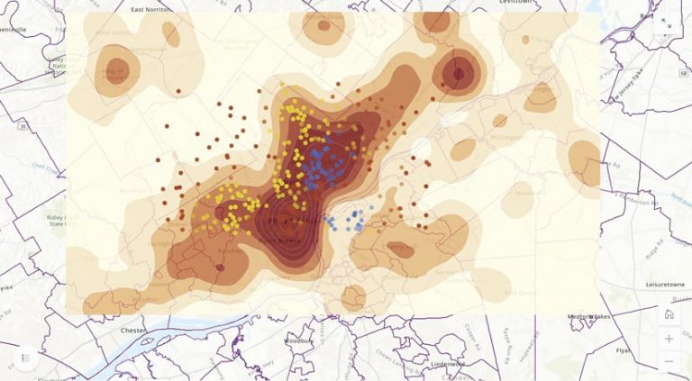 A heat map of Philadelphia with different-colored dots scattered around A heat map of Philadelphia with different-colored dots scattered around