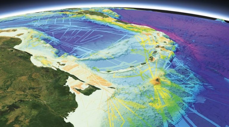 A 3D map of the ocean shown on a curved globe, with parts of the ocean in purple-blue, parts of it in light blue, green, and yellow, and bits of land sticking out A 3D map of the ocean shown on a curved globe, with parts of the ocean in purple-blue, parts of it in light blue, green, and yellow, and bits of land sticking out