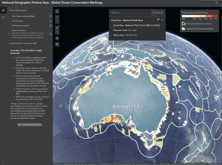 The Pristine Seas app showing conservation information for the Australian exclusive economic zone (EEZ), alongside a map of the area The Pristine Seas app showing conservation information for the Australian exclusive economic zone (EEZ), alongside a map of the area
