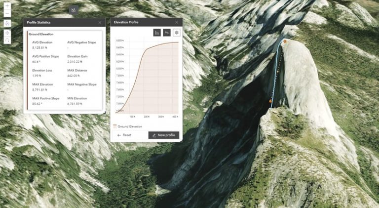 A 3D scene showing the elevation profile of Half Dome in Yosemite National Park, California.