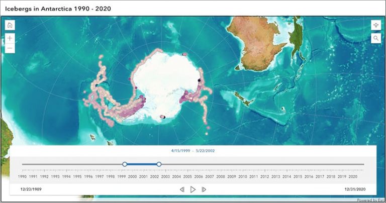 A map of Antarctica that has pinpoints for icebergs and shows the change in icebergs over time