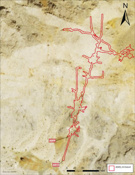 Red outlines on top of imagery of the desert that depict a long and convoluted vein of ore