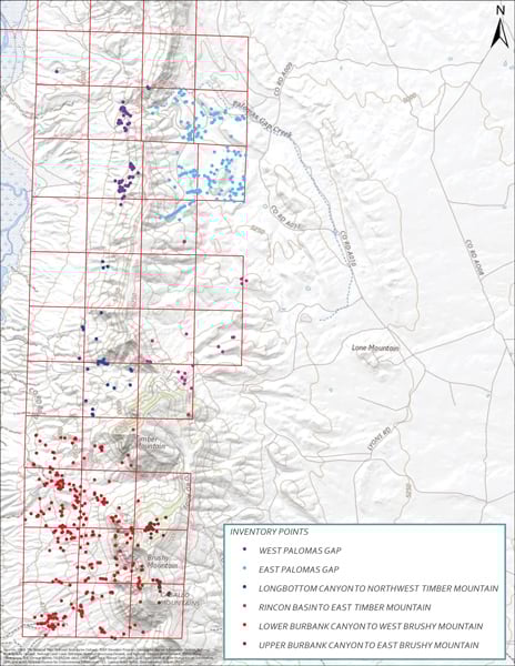 Points of various colors scattered on a map with red squares that create a grid around the points Points of various colors scattered on a map with red squares that create a grid around the points