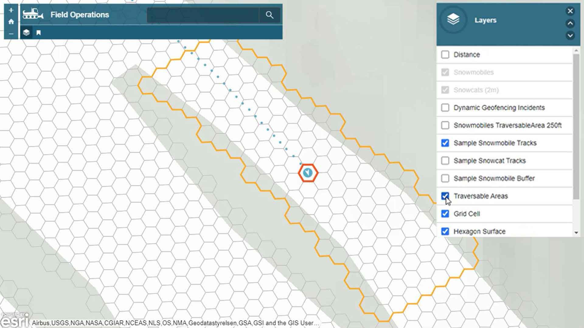 a demo of real-time mapping showing hexagon bins over a ski trail